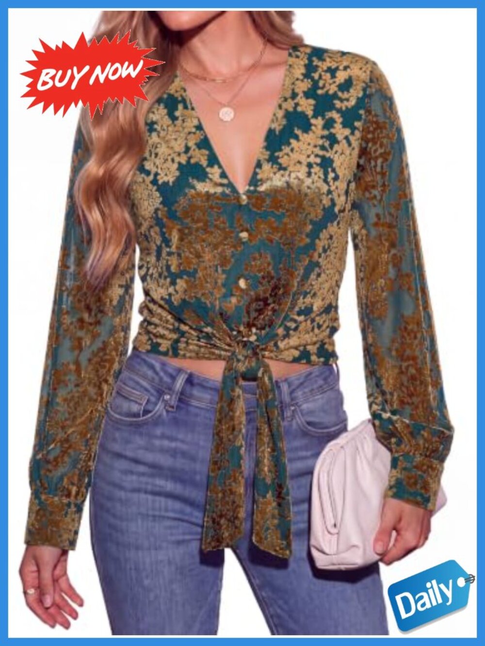 Womens Double Lined Long Sleeve V Neck Tie Knot Front Crop Top Velvet Jacquard